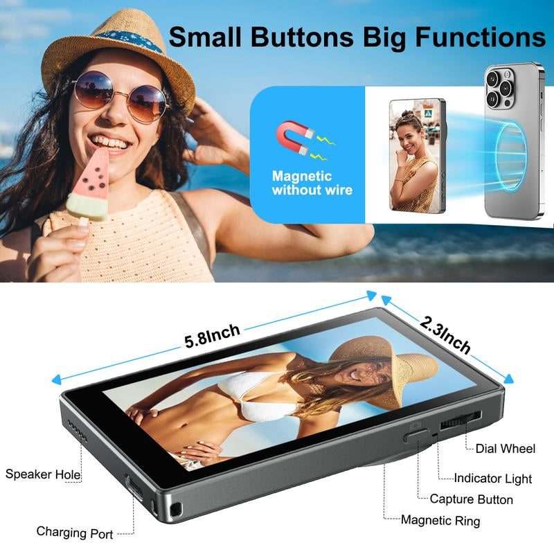 Modofo 2025 Magnetic Phone Selfie Monitor Screen, Support Plays Audio, Perfect for Content Creation, Selfies, Videos, Live Broadcasts, Adjustable Screen Ratio, Compatible with Ios, Android(Support 4K 30Fps Wired Recording)